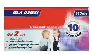 Opakowanie Ibufen Forte dla dzieci, 125 mg, czopki. Dla dzieci od 2 lat, działanie przeciwbólowe, przeciwgorączkowe, przeciwzapalne.