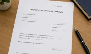 Dokument "Wypowiedzenie umowy o pracę z zachowaniem okresu wypowiedzenia" na drewnianym biurku, obok długopisu.