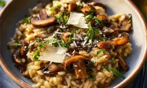 Krämig svamprisotto med parmesan och färska örter. Ett perfekt risotto recept för en mysig middag.