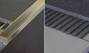 Zbliżenie na betonowe schody z okładziną i listwą wykończeniową.