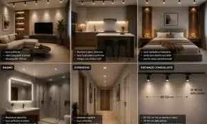 Un collage di foto arredamento mostra diverse stanze illuminate da faretti: soggiorno, cucina, camera da letto, bagno e corridoio.