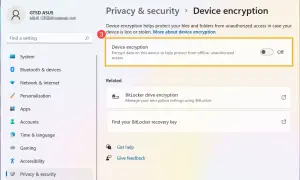 Ustawienia prywatności i zabezpieczeń w Windows 11, gdzie można włączyć szyfrowanie dysku BitLocker, aby chronić dane.