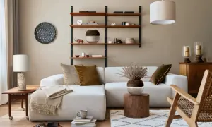Przytulny salon boho inspiracje: jasna kanapa, drewniane meble, pleciony fotel, dywan i dekoracje tworzą ciepłą atmosferę.