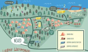 Mapa Leśnego Ustronia w Borach Tucholskich. Widok na pole paintballowe, wypożyczalnię sprzętu wodnego, plażę, strzelnicę i domki.