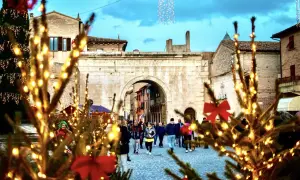 Luci natalizie illuminano un'antica piazza a Senigallia, con persone che passeggiano tra alberi addobbati. Atmosfera magica di Natale.