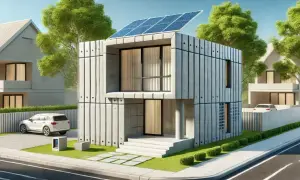 Una moderna casa costruita con stampante 3d, con pannelli solari sul tetto, un'auto bianca parcheggiata e un vialetto in cemento.