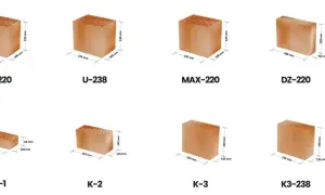 Różne modele bloczków wentylacyjnych z podanymi wymiarami, np. U-238 (250x188x238 mm), MAX-220 (250x188x220 mm).