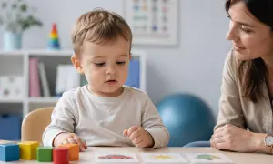 Uważne 2 letnie dziecko nie pokazuje palcem, ale skupia wzrok na kartach z obrazkami. Obok siedzi uśmiechnięta kobieta.