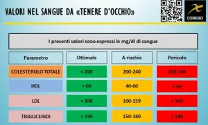 Tabella valori sangue: colesterolo totale, HDL, LDL, trigliceridi. Indica livelli ottimali, a rischio e pericolosi per monitorare il rapporto colesterolo totale e HDL.