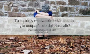 Persona sentada contra pared de piedra, con hojas secas en el suelo. El texto pregunta: "¿Qué es la motivación? Tu ilusión y motivación están ocultas. ¿Te ocuparás de dejarlas salir?".
