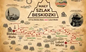Mapa turystyczna Małego Szlaku Beskidzkiego, 137 km z Bielska-Białej na Luboń Wielki.