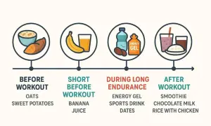 Grafik zeigt, was man vor, während und nach dem Training essen sollte. Schnelle Kohlenhydrate vor dem Training sind wichtig, z.B. Bananen.