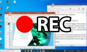 Nagrywanie ekranu Windows 10. Widoczny czerwony przycisk REC i okna z prezentacją oraz tekstem.