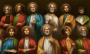 Grupa świętych z aureolami, przedstawiająca 12 apostołów w barwnych szatach, z księgami i gestami błogosławieństwa.