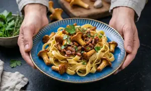 Talerz pełen tagliatelle z kurkami i boczkiem, ozdobiony natką pietruszki. Pyszne danie, które zachwyci każdego smakosza.