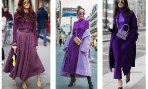 Trzy kobiety w stylizacjach w odcieniach oberżyna kolor. Jedna w długiej sukience, druga w zwiewnej sukni i płaszczu, trzecia w eleganckim garniturze i płaszczu.