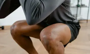 Ein Mann macht Kniebeugen, seine Knie sind gebeugt. Er hat leichte Narben auf dem rechten Knie, die auf frühere Schmerzen in der Kniekehle hindeuten könnten.
