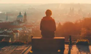 Osoba siedzi na ławce, patrząc na miasto w zachodzącym słońcu. Może to być moment refleksji nad zespołem pomijania stronnego.