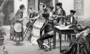 Un grupo de personas celebra, con música y baile, quizás así se gestó quien creo el flamenco.
