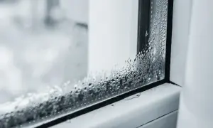 Krople wody na szybie okiennej, które pokazują, dlaczego parują szyby w domu.