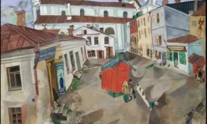Oniryzm w sklepach cynamonowych. Kolorowa, surrealistyczna wizja uliczki z budynkami i ludźmi, gdzie każdy detal zdaje się tańczyć.