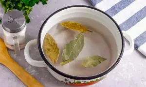 Garnek z wodą i liśćmi laurowymi, obok solniczka i drewniana łyżka.