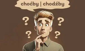 Zastanawia się, **choć czy chodź**? Wokół niego unoszą się znaki zapytania, symbolizujące jego wątpliwości językowe.