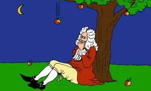 Isaac Newton sitzt unter einem Baum, während ein Apfel fällt. Dies inspirierte sein neuestonsches Gravitationsgesetz.