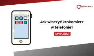 Ilustracja telefonu komórkowego z ikonami aplikacji i tekstem "Jak włączyć krokomierz w telefonie?".