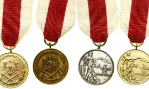 Brązowy medal za zasługi dla pożarnictwa, z orłem i toporami, lub postacią kobiety z gałązką.