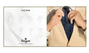 Illustrazione del nodo Pratt e un uomo che si sistema la cravatta, per imparare come fare il nodo alla cravatta.