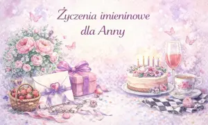 Piękne życzenia urodzinowe dla Anny. Bukiet róż, tort ze świeczkami, koszyk truskawek i prezent.