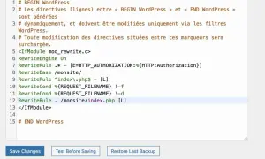 Extrait de fichier .htaccess montrant des directives `RewriteCond` pour la réécriture d'URL WordPress.