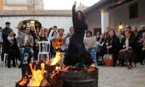 Bailarina flamenca actuando junto a hogueras, con guitarrista y público. Ambiente de villancicos flamencos jerezanos.