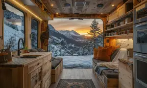 Intérieur d'un poid lourd aménagé avec une cuisine en bois, un coin salon confortable et une vue imprenable sur des montagnes enneigées au coucher du soleil.