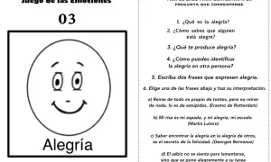 Juego de las Emociones con actividades para trabajar la alegría. Incluye preguntas y citas sobre la emoción.