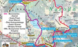 Mapa szlaku Orla Perć z zaznaczonymi szczytami: Murowaniec, Zawrat, Kozia Przełęcz, Kozi Wierch, Zadni Granat, Skrajny Granat, Krzyżne.