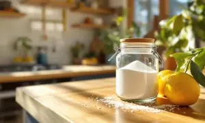 Barattolo di vetro con acido citrico e percarbonato di sodio, accanto a limoni freschi su un tavolo di legno in cucina.