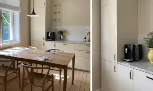 Ljust kök med matbord och stolar. Köksluckor i en ljusbeige nyans, perfekt för den som vill måla luckor i en ny färg.