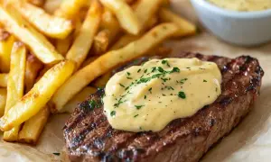 Biff med pommes frites och krämig bearnaisesås, perfekt för ett bearnaisesås recept stavmixer.