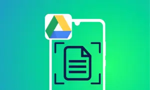 Icône du **google drive scanner** sur un fond dégradé vert. Le logo Google Drive flotte au-dessus d'une icône de document dans un cadre de numérisation.