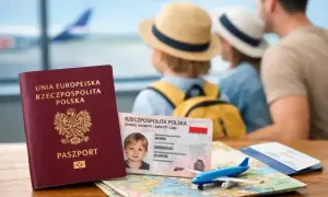 Pasport i dowód tożsamości strefy eog na tle rodziny czekającej na samolot.
