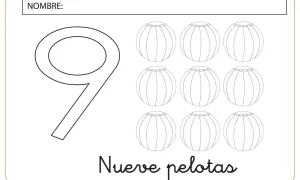 Ficha número 9: un gran número 9 junto a nueve pelotas para colorear.
