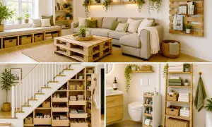 Inspirerande idéer för diy inredning: vardagsrum med pallbord, smart förvaring under trappan och ett stilrent badrum.