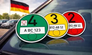 Tyska miljödekaler visar olika utsläppsklasser, från grön (4) till röd (2). En bil med euro 5-klassning kan behöva en viss dekal för att köra i miljözoner.