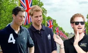 Prinz Charles, William und Harry diskutieren, ob das Polohemd in die Hose gehört. Britische Flaggen im Hintergrund.