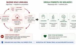Cykl unikania: napad paniki, unikanie, ulga, zawężanie życia. Droga do wolności: zrozumienie, ekspozycja, nowe doświadczenia, wolność.