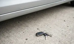 Zgubione kluczyki od samochodu leżą na betonie pod progiem auta. Brak zapasowych, co oznacza kłopoty.