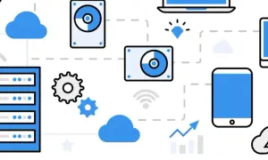 Sieć serwerów, dysków, chmur i urządzeń mobilnych symbolizuje działanie firm hostingowych.