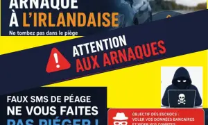 Attention aux arnaques ! Ne tombez pas dans le piège des faux SMS de péage. L'objectif des escrocs est de voler vos données bancaires. Tentative d'escroquerie code pénal.